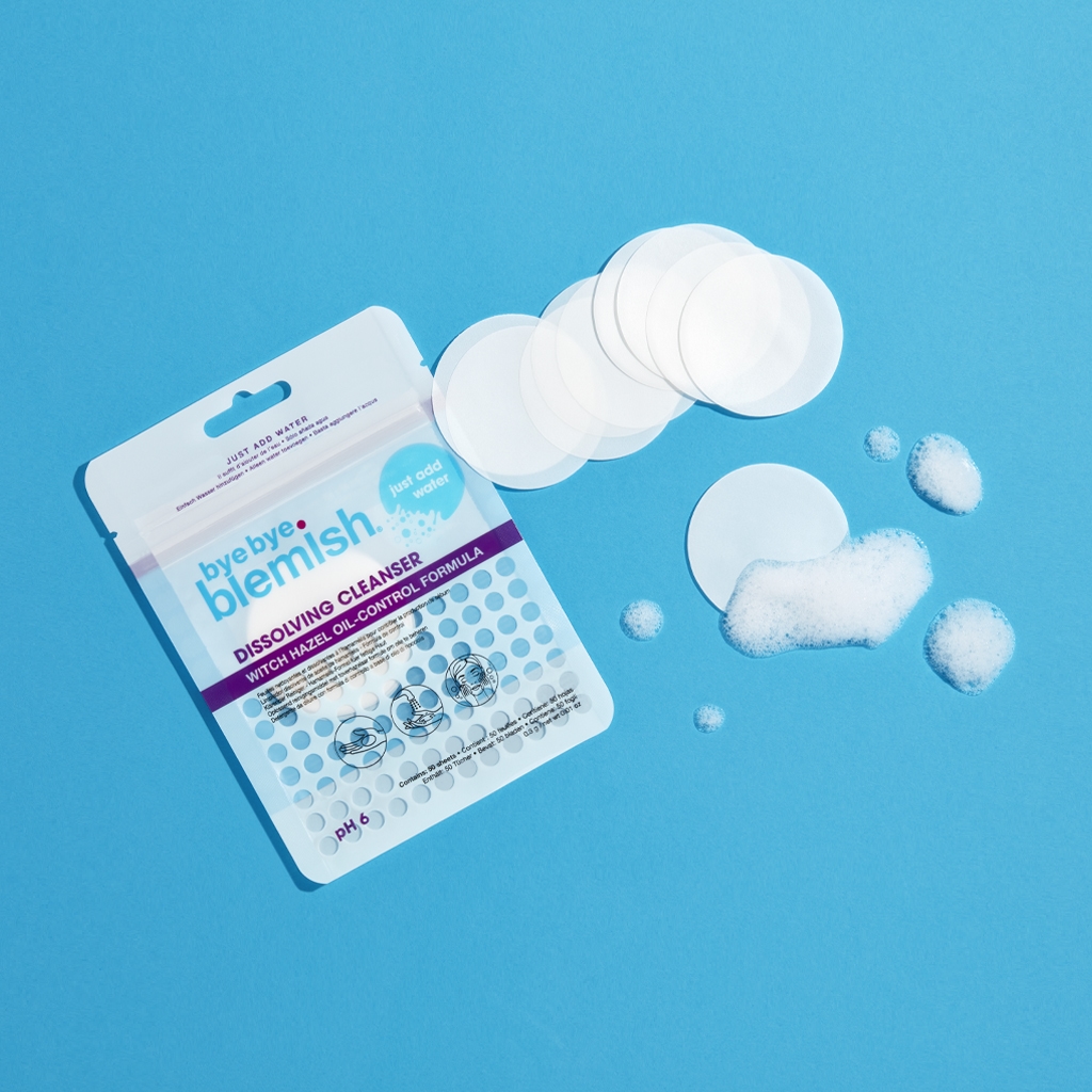 Dissolving Cleanser 2 Horizontalna slika pakiranja proizvoda Bye Bye Blemish vodootopivi listići za čišćenje kože lica, 50 listića