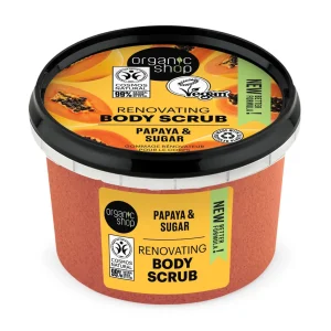 Paketimi i produktit për pastrim trupi organik me papaja dhe sheqer, në një paketim prej 250 ml